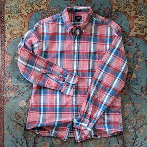 J Crew Factory Mercantile plaid madras blue pink red summer slim fit shirt L